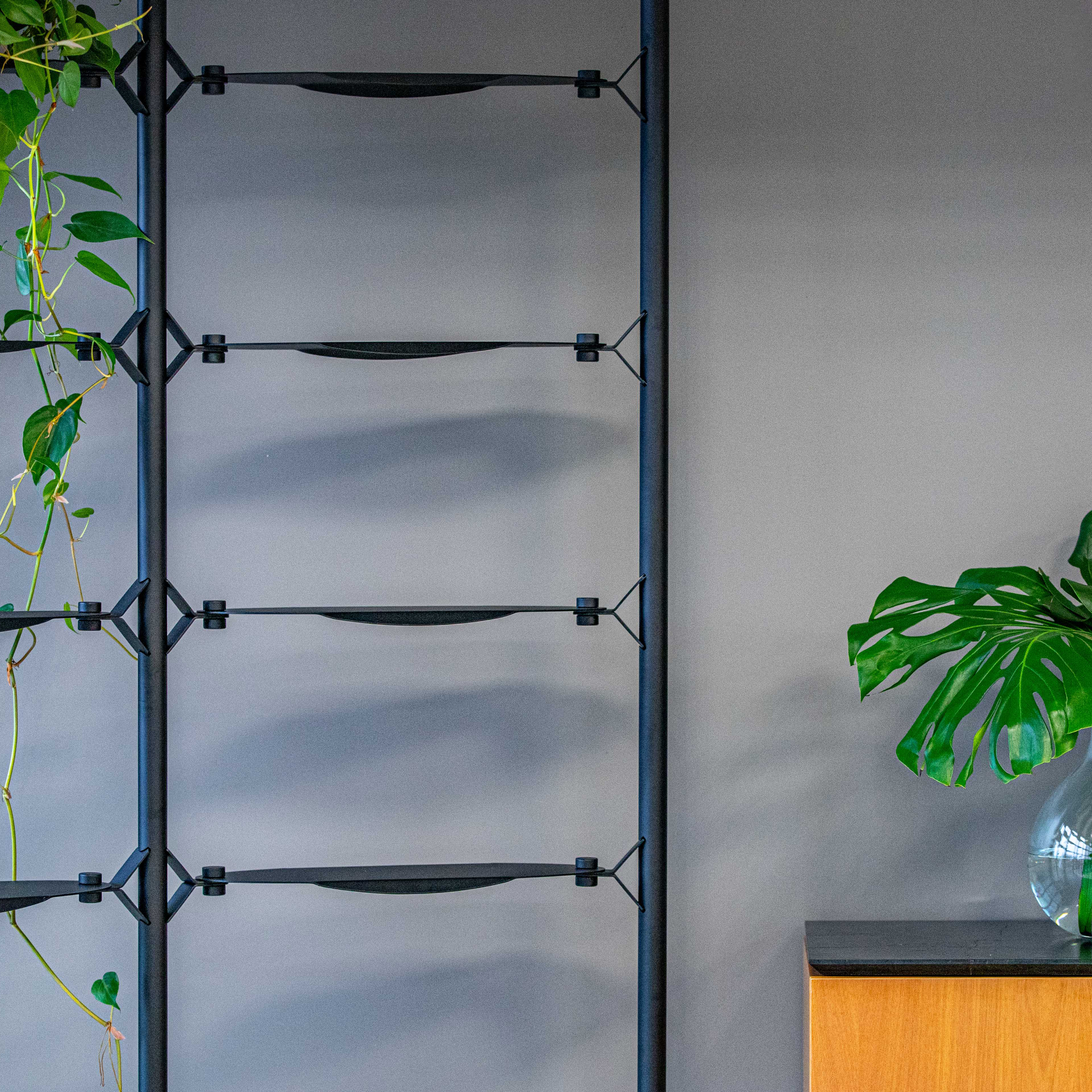 Estante modular contemporânea com estrutura metálica preta e divisórias flexíveis em tiras elásticas, decorada com trepadeira jiboia pendente com folhas verdes vibrantes. Composição minimalista complementada por aparador em madeira clara com tampo em pedra escura, onde repousa vaso de vidro transparente com folha de costela de adão. Design industrial com toques orgânicos, criando contraste entre elementos estruturais geométricos e suavidade das plantas tropicais.